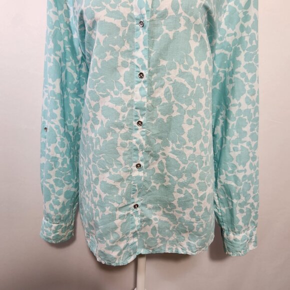 Charter Club Size XL Blue Floral Print Linen Button Down Roll Tab Sleeve Shirt - Picture 4 of 15